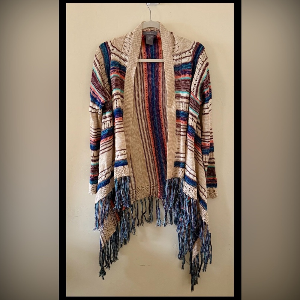 Su & Lola Boho Bright Striped Fringe Open Front Cardigan - Size Medium